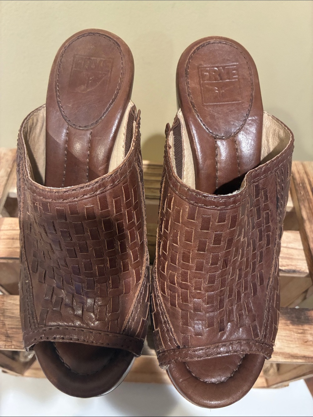 Frye Woven Leather Platform Clog - Brown. Size 6